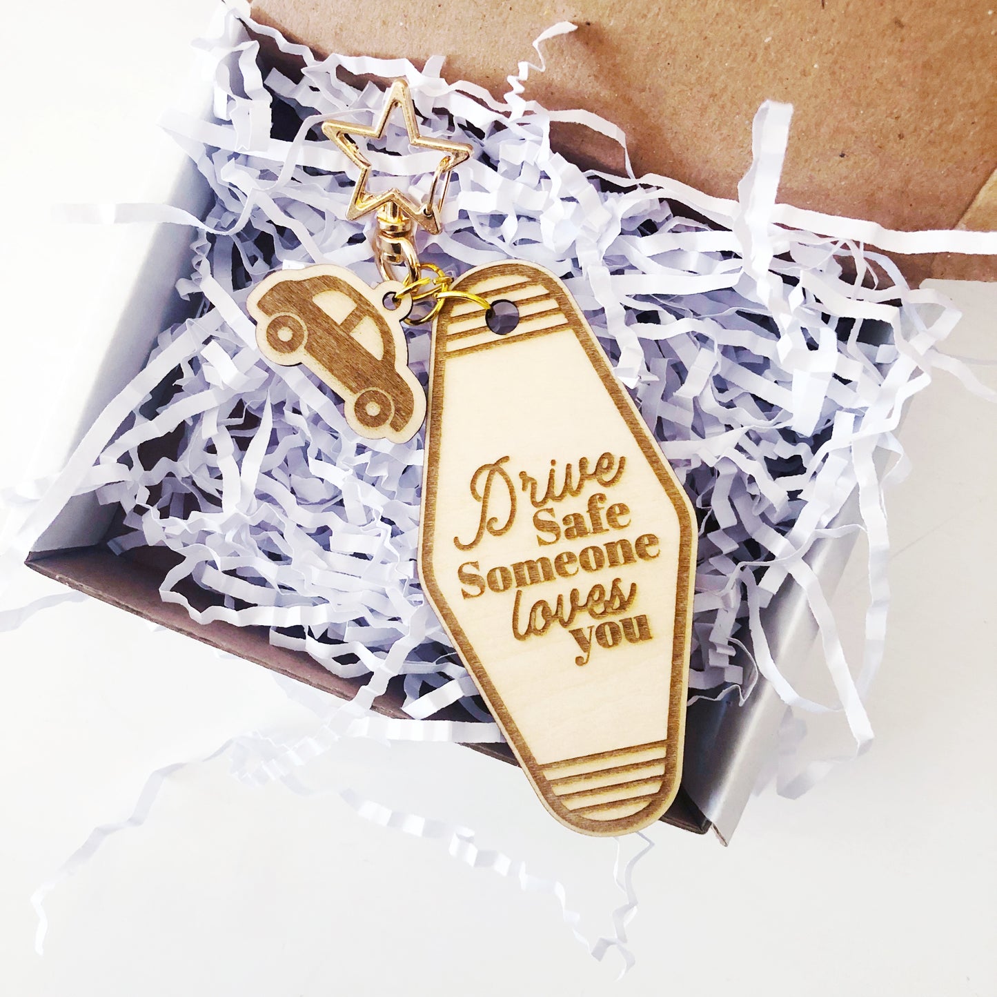 Drive Safe Wood keychain