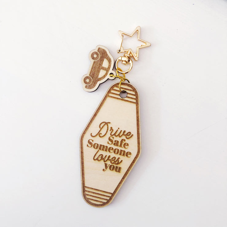 Drive Safe Wood keychain