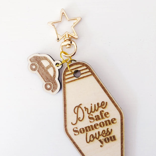 Drive Safe Wood keychain