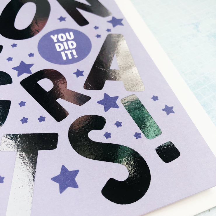 Congrats + Silver Foil Purple Greeting Card