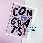 Congrats + Silver Foil Purple Greeting Card